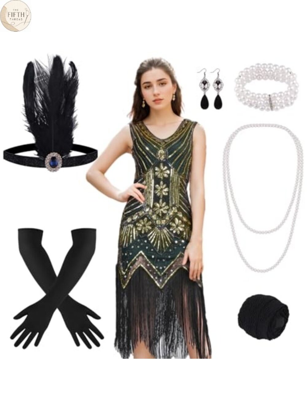 1920s Flapper Dress Set Sequin Fringe V-Neck Midi Prom Costume